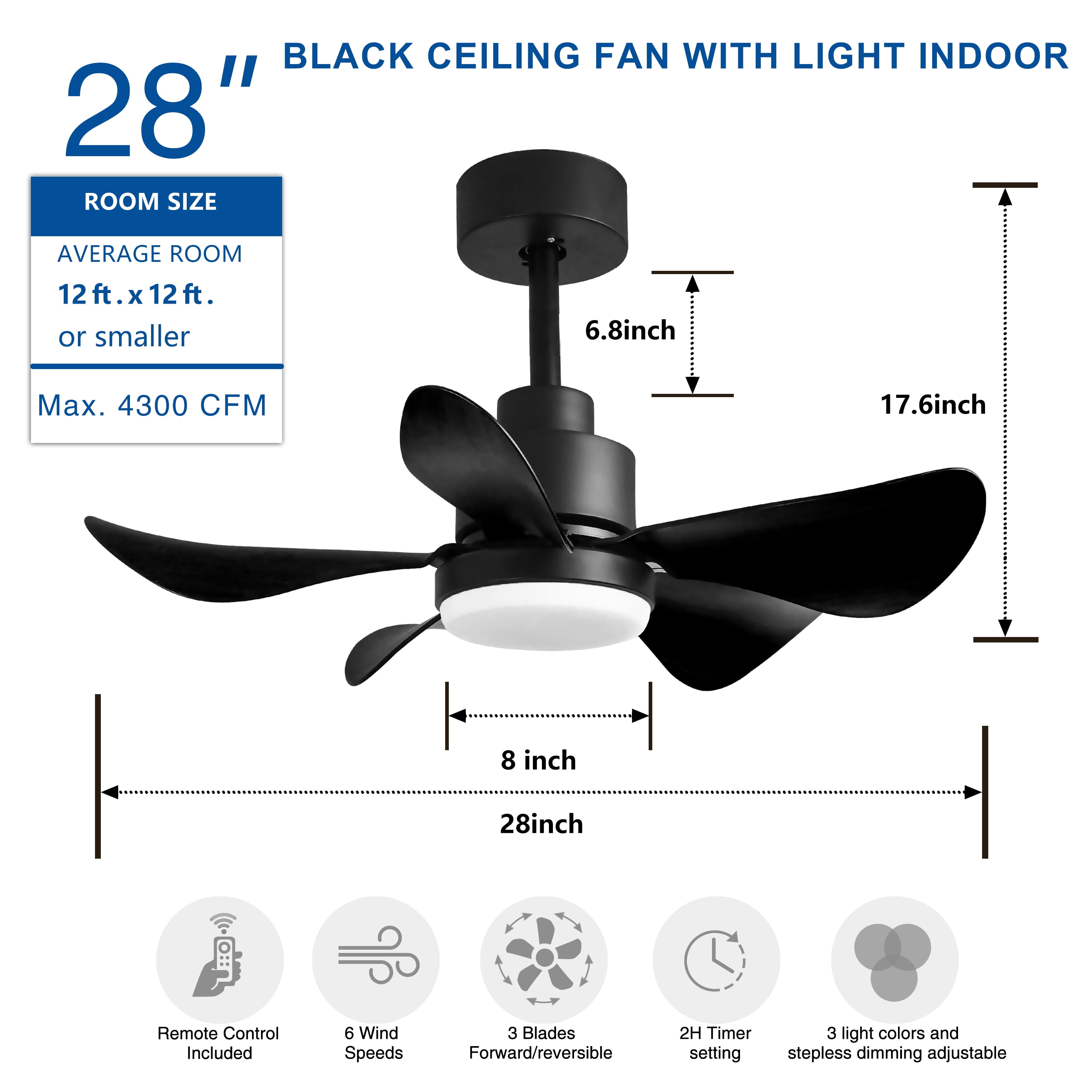 28' Ceiling Fans with Lights and Remote/App Control,Low Profile Ceiling Fans with 5 Reversible Blades 3 Colors Dimmable 6 Speeds Ceiling Fan for Bedroom Kitchen,Black Abs+Steel(Q235) Electrical