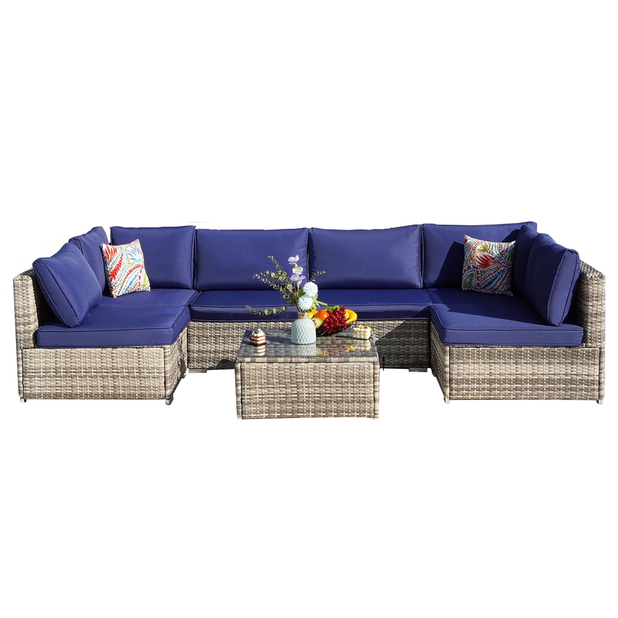 Howcool 7-Piece Modular Outdoor Patio Furniture Set with Cushions and Tempered Glass Table
