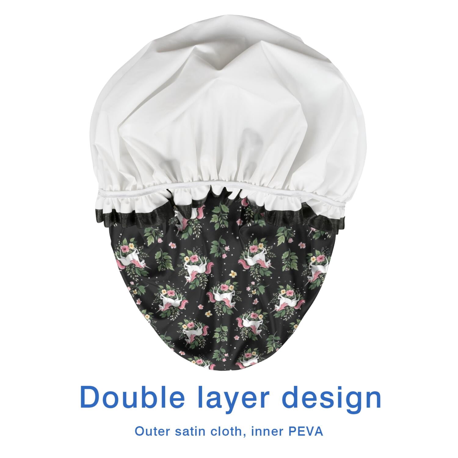 Shower Caps,Black Cartoon Unicorn Flower Leaf Pattern Waterproof Shower Cap for Women 4 Pieces,Double Reusable Hair Cover for Shower PEVA Elastic Stretch Hem
