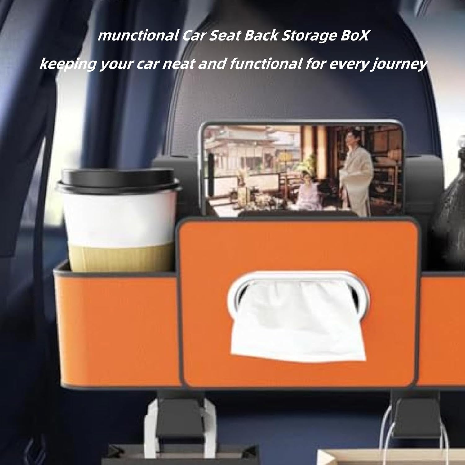 3-in-1 Car Backseat Organizer,Multifunctional Car Seat Back Storage Box,with Drink Cup Holder Tissue Box,for Hold Phone,Snacks, Drinks, Handbag