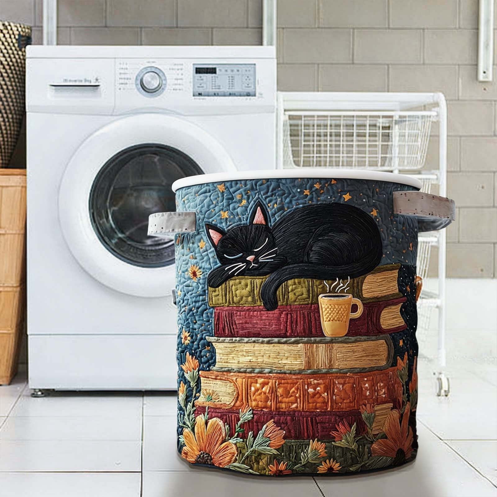 Cat Quilted Laundry Basket, Large Quilted Cute Cat Laundry Baskets with Reinforced Handles, Cozy Kitten Fabric Storage Hamper 18''x14''