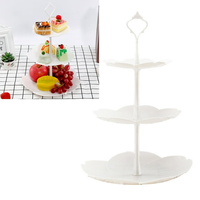 Bandeja de frutas de tres niveles, bandeja de plástico blanca para tartas de tres niveles, bandeja de plástico para servir de tres niveles, artesanía superior