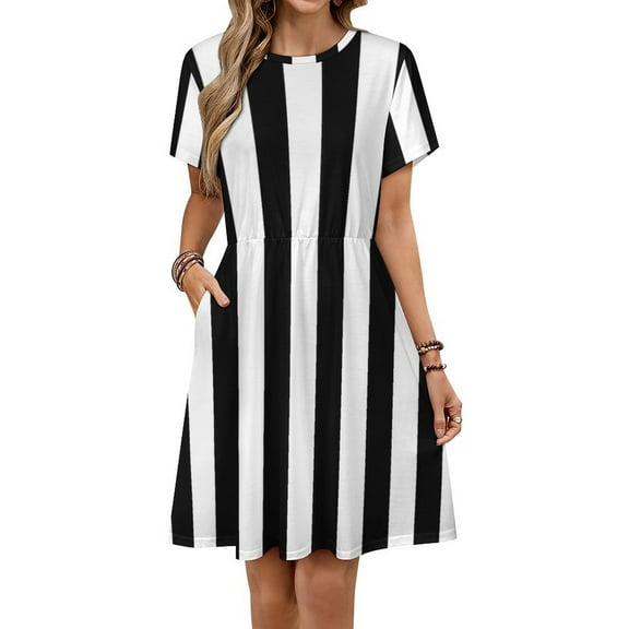 Black And White Vertical Stripes Sundress Short Sleeve Dress Summer Women Clothes Dress for Women Dresses