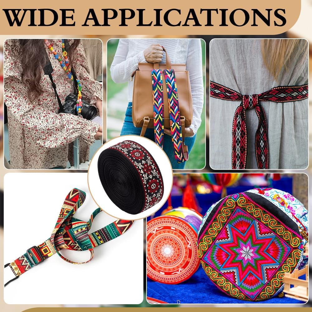 10Yards Vintage Jacquard Webbing Trim 2inch Embroidered Ribbon Boho Lace Trim Ethnic Floral Embroidery Webbing for DIY Clothing Accessories Sewing Crafting Home Decor