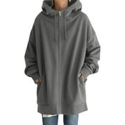 Glonme Loose Fit Hooded Jacket Womens Casual Pockets Zip up Hoodies Tunic Sweatshirt Plus Size Long Hoodie Jacket