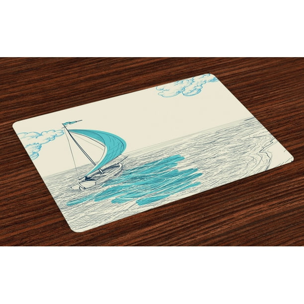 Nautical Placemats Set of 4 Sailing Boat Reflection Cloudy Sky Sandy Seaside Shoreline Hobby