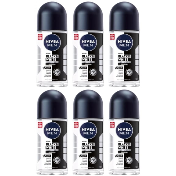 Nivea Men Invisible Black & White Deodorant Anti-Perspirant Roll-on Travel -6 PK