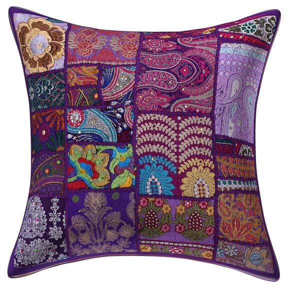 Stylo Culture Indian Cotton Home Decor Throw Pillow Sham Cover Purple 18x18 Bohemian Vintage Patchwork Indian Couch Cushion Cover 45 x 45 cm Living Room Abstract Square Pillowcase | 1 Pc