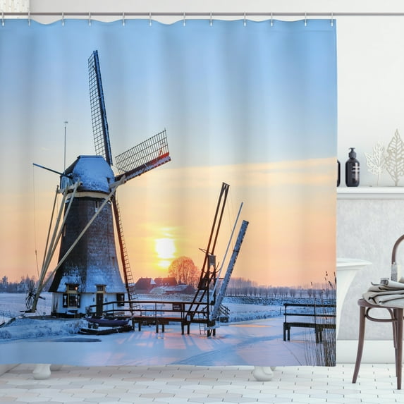 Ambesonne Windmill Shower Curtain, Icy Dutch River Sunset, 69"Wx75"L, Pale Blue Peach