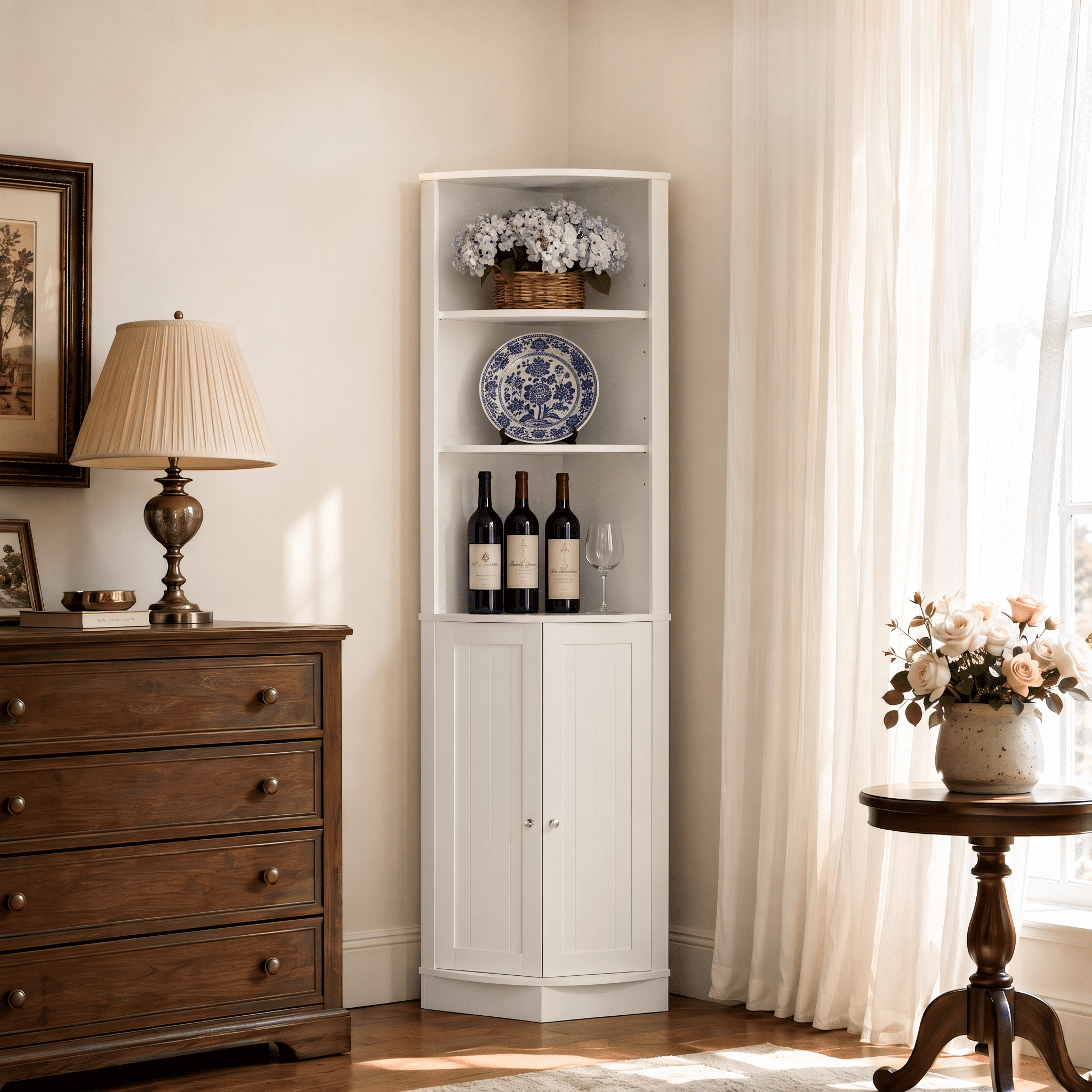 67 in Tall Corner Cabinet with 2 Doors and Adjustable Shelves, Narrow Freestanding Storage Cabinet for Bathroom, Kitchen, Living Room, Bedroom, Laundry Room, White