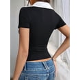 thumbnail image 5 of Womens Short Sleeve Business Casual Tops Summer V Neck Work Shirts 2025 Fitted Basic Collared Shirt Black S, 5 of 6