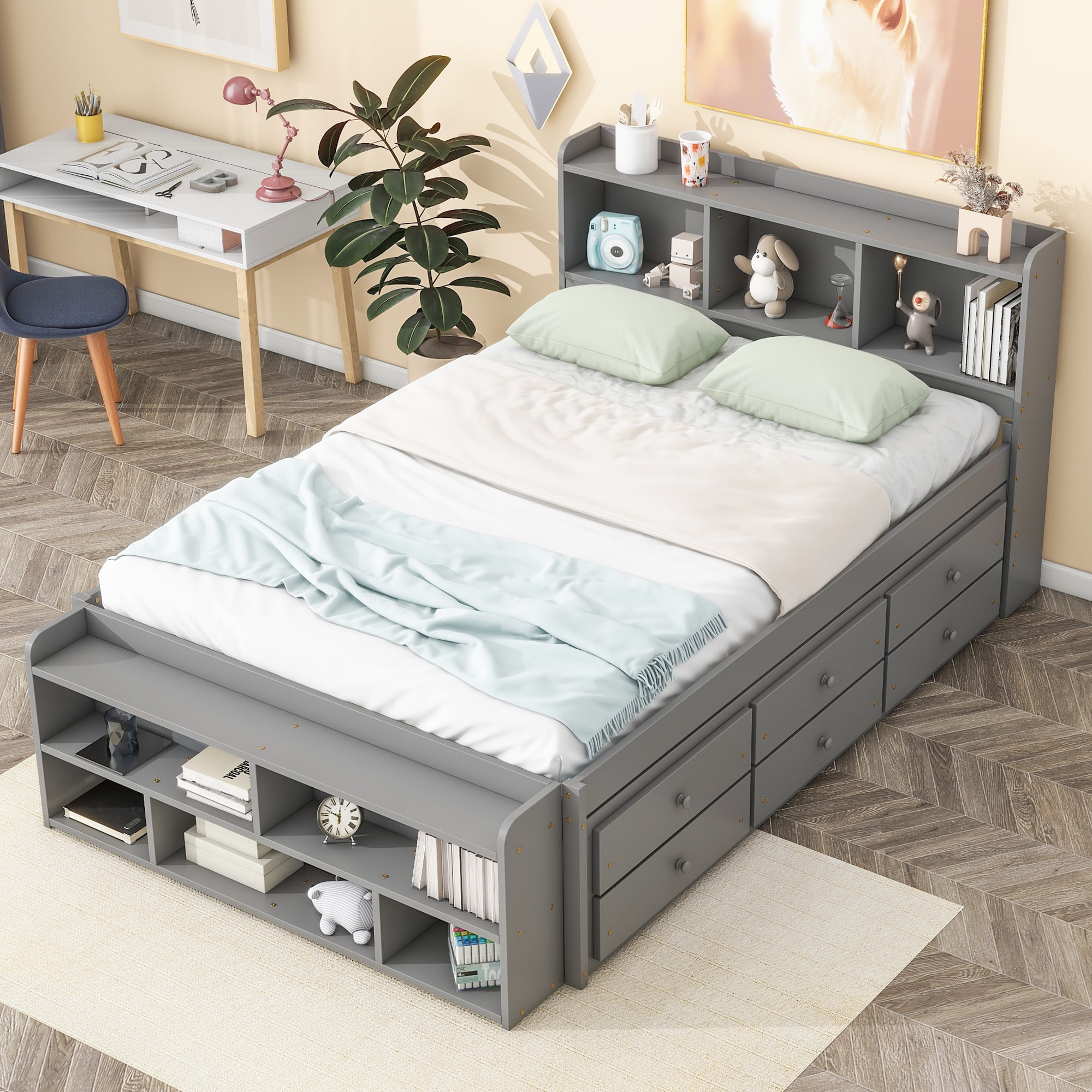 Sailvan Full Size Platform Bed Frame with Bookcase Headboard, 6 Storage Drawers and Bed End Case Grey
