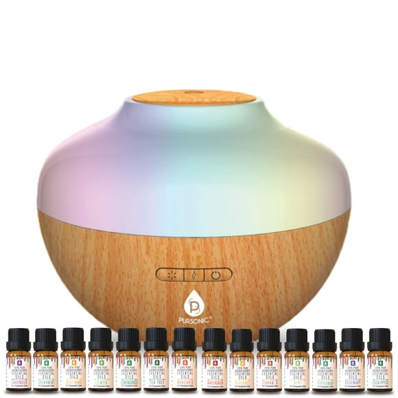 Pursonic Diffuseur d'Aromathérapie & Ensemble d'Huiles Essentielles - Diffuseur Ultrasonique & 14 Huiles Essentielles - Diffuseur 300ml avec 2 Réglages de Brume & 7 Réglages de Lumière Ambiante - Thérapeutique