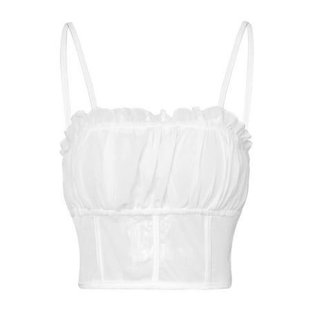 

1PC Sexy Female Vest Gauze Suspenders Vest Stylish Sleeveless Tank Splice Fungus Edges Clothes Summer Short Micro Through Clothing for Women Female Wearing (Size L White)