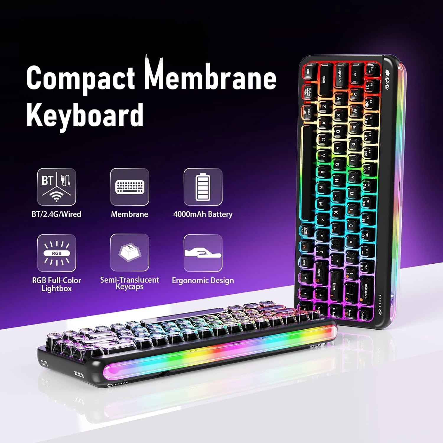 AF68 Membrane Keyboard, 68% Layout 68-Key Gaming Keyboard, 2.4 GHz/Type-C/BT, RGB Lighting Effects with Integrated Side Light Bar, 4000mAh , Translucent Keycaps