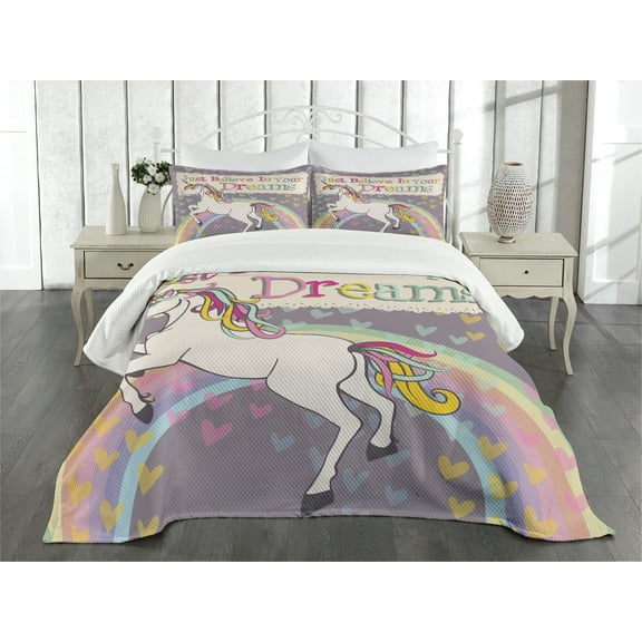 Ambesonne Feminine Quilted Bedspread Set 3 Pcs, Believe in Your Dreams Say, Queen Size, Beige and Lilac