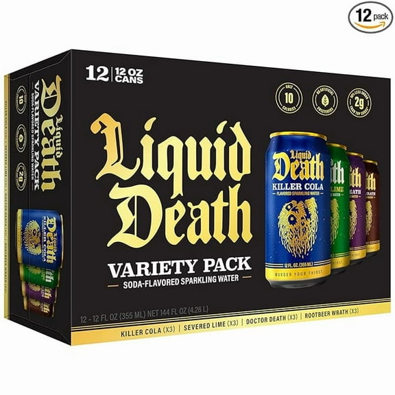 Liquid Death, Soda-Flavored Sparkling Water Variety Pack, 12-Pack (12oz Cans) 4 Flavors: Severed Lime, Doctor Death, Killer Cola, and Rootbeer Wrath