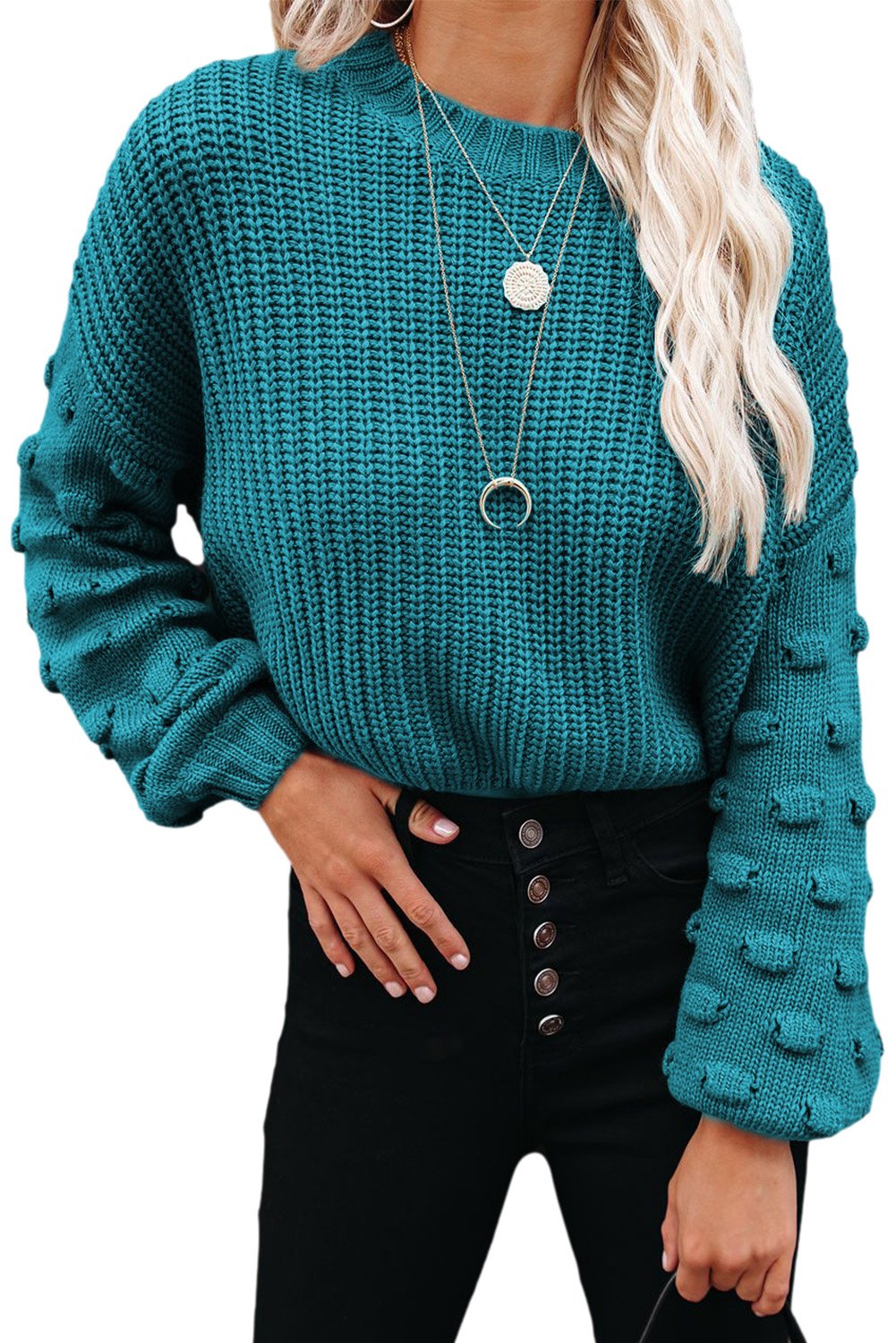 Women Green Bubble Sleeve Cropped Knit 