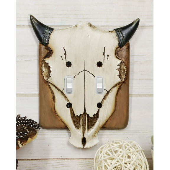 Set of 2 Rustic Western Bull Bison Cow Skull Double Toggle Switch Wall Plates