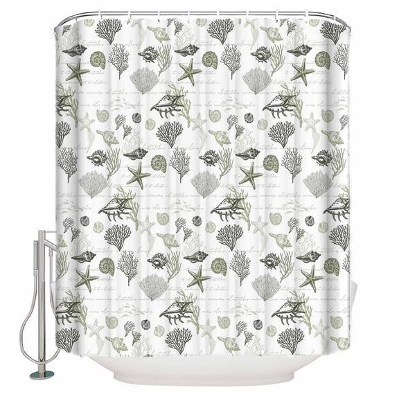 Fabric Shower Curtain, Vintage Sage Green Ocean Starfish Shell Coral Shower Curtains with 12 Hooks Waterproof Machine Washable Bath Curtains for Bathroom, 54 x 78in