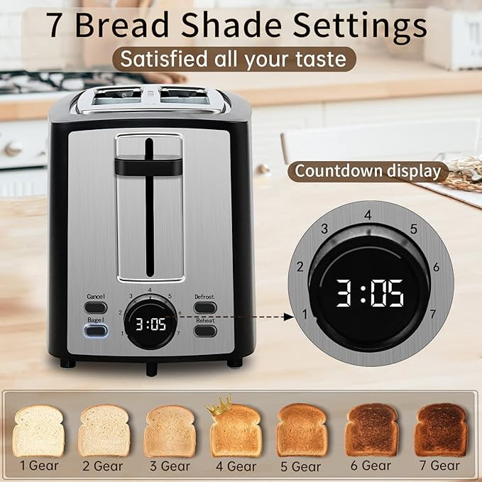 Toaster 2 Slice, Bread Toaster with LCD Display, 7 Shade Settings, 1.４'' Extra Wide Slots Toaster with Cancel, Bagel, Defrost, Reheat Functions, Removable Crumb Tray, 900W, Carbon Black
