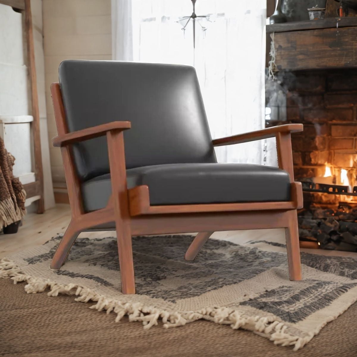 Casic Lounge Chair With Genuine Leather And Solid Wood Frame
