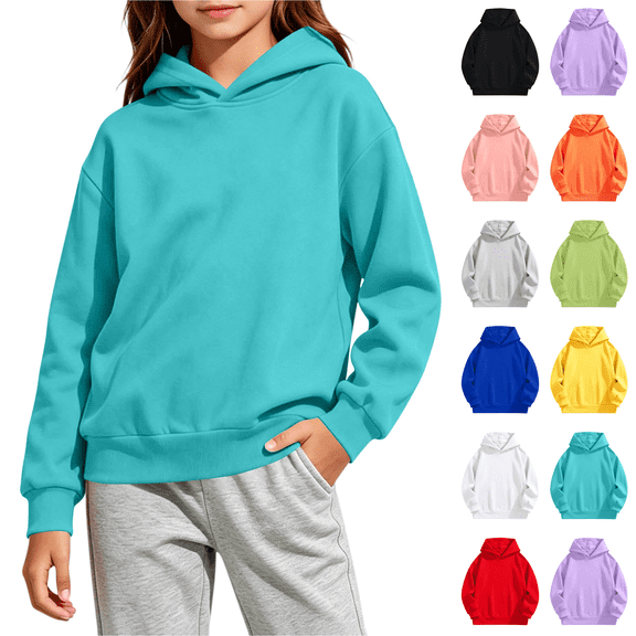 Hoodies for Girls Solid Color Long Sleeve Hooded Sweatshirt Casual Loose Fall Winter Comfy Basic Pullover Tops Sizes 2-14Y