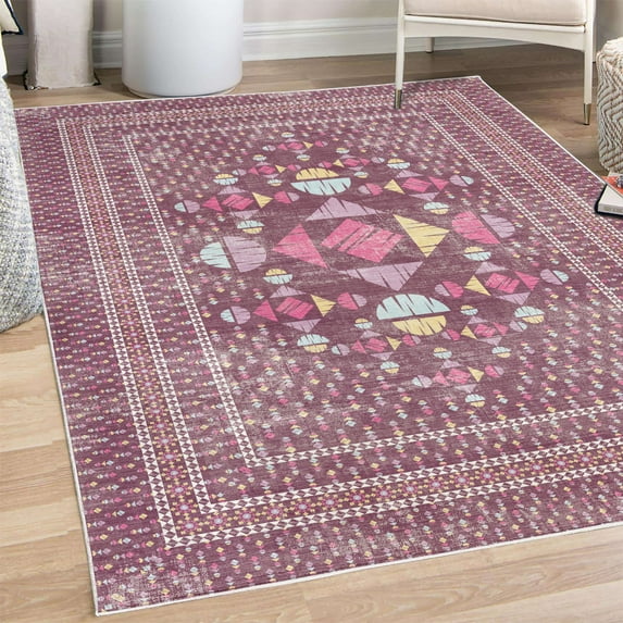 Geometric Decorative Rug, Modern Abstract Design Print of Half Rounds and Triangles in Grunge, Quality Carpet for Bedroom Dorm and Living Room, 6 Sizes, Dark Magenta Pink Cream, by Ambesonne