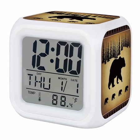 Alarm Clocks Bear Pine Tree Digital Clock 7 Color LED Night Light Silent Non Ticking Battery image