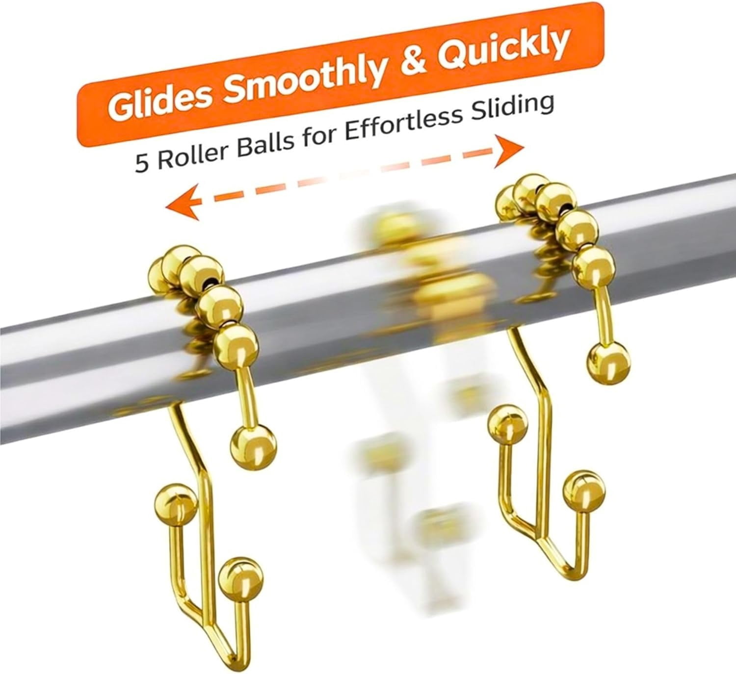 Shower Curtain Hooks Rings Gold, Rust Proof Stainless Steel Easy Glide Shower Curtain Rings, Double Sided Shower Hooks Rings for Bathroom Shower Rods Curtains, Set of 12 Hooks - Gold