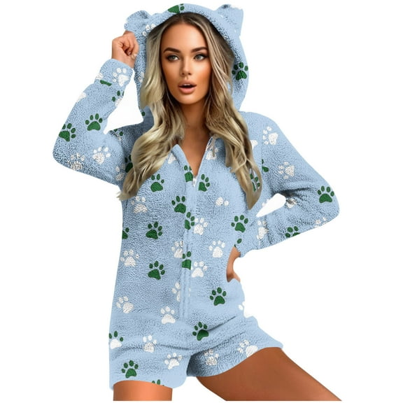 Adult Onesie Pajamas New Women's Warm Hooded Ears Hooded Jumpsuit Printing Long Sleeve Shorts Zipper Jumpsuit Pocket Sleepwear Home Clothes Style B-7 Light Blue XL