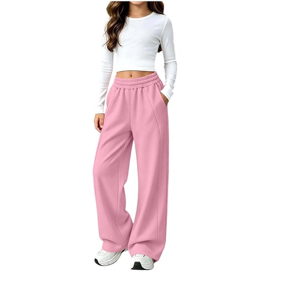 Wide Leg Sweatpants for Girl, Elastic Waist Loose Sports Bottoms, Winter Fleece Casual Sports Long Trousers with Pockets,7-8 Years