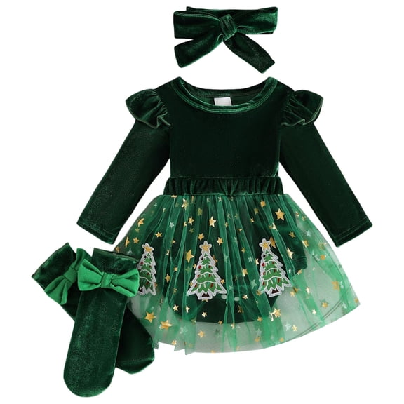 Mnyotv Baby Girl Rompers Christmas Outfits Flutter Long Sleeve Jumpsuit Bow Socks and Headbands 3Pcs Set Size 3-6 Months
