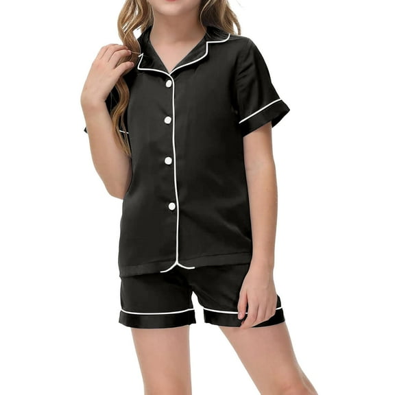 Kids Girls Satin Pajamas Short Sleeve Button Down Sleepwear with Shorts Girl Summer Pajamas 10-11 Girl Pajamas