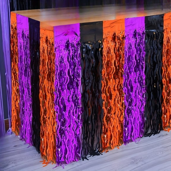 Table Skirt Wavy Metallic Tinsel Foil Fringe Halloween Party Decorations 2 Pack(108 X 29.5 in)