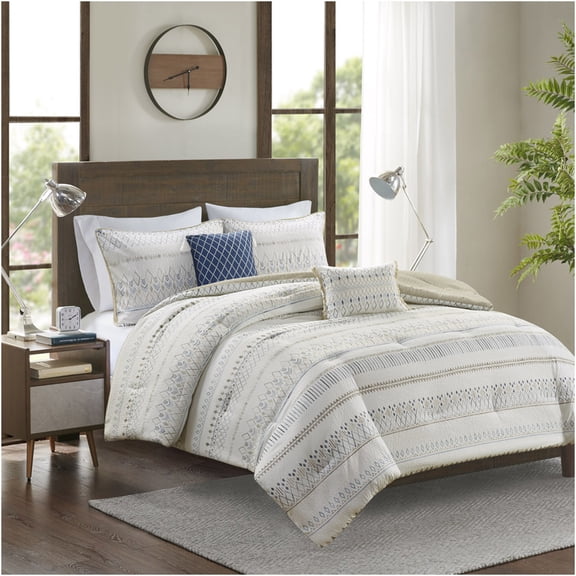 JERFIT Southwest Reversible Seersucker Comforter Set King Size, 5-Piece Bedding Set with Tassel Pillows, Taupe Blue Farmhouse Decor
