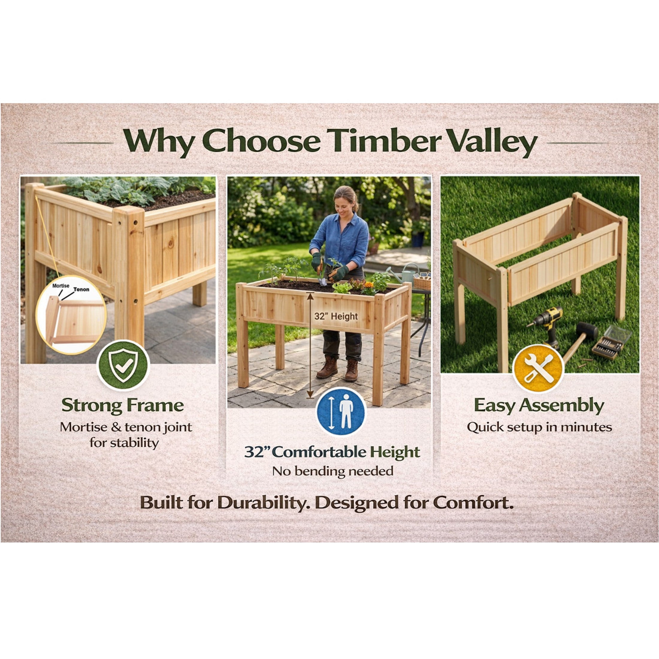 Timber Valley Elevated Cedar Raised Garden Bed, 48" x 24" x 32", Strong Mortise and Tenon Structure, Wooden Planter Box with Liner for Vegetables, Herbs & Flowers