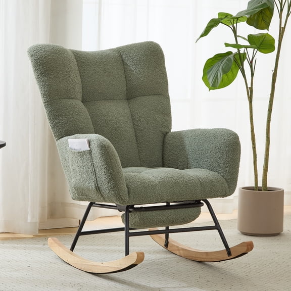 Green Teddy Fabric Wingback Glider Rocker & Ottoman Set, Nursery Nursing Rocking Chair with Side Storage Pocket, Smooth Gliding Motion, Safe Solid