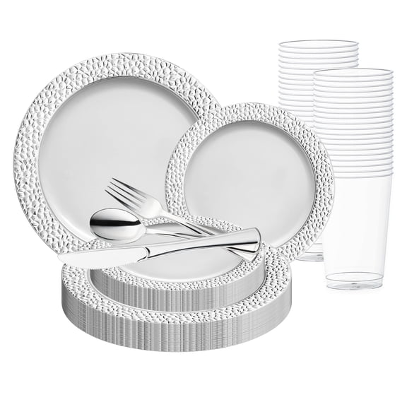 Smarty White with Silver Hammered Rim Round Plastic Wedding Value Set (30 Settings)