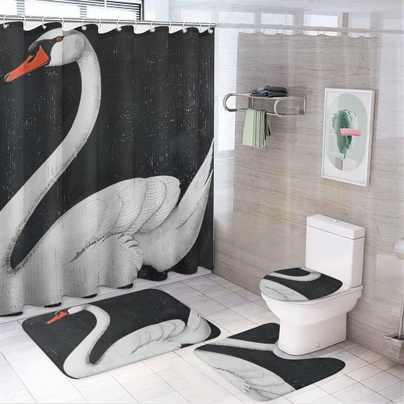Vintage White Swan 4Pcs Shower Curtain Set with Rugs Bath Mat U-Shaped Floor Mat Toilet Lid Oval Rug Modern Mute Watercolor Animal Pictures Waterproof Durable Bathroom Decor Shower