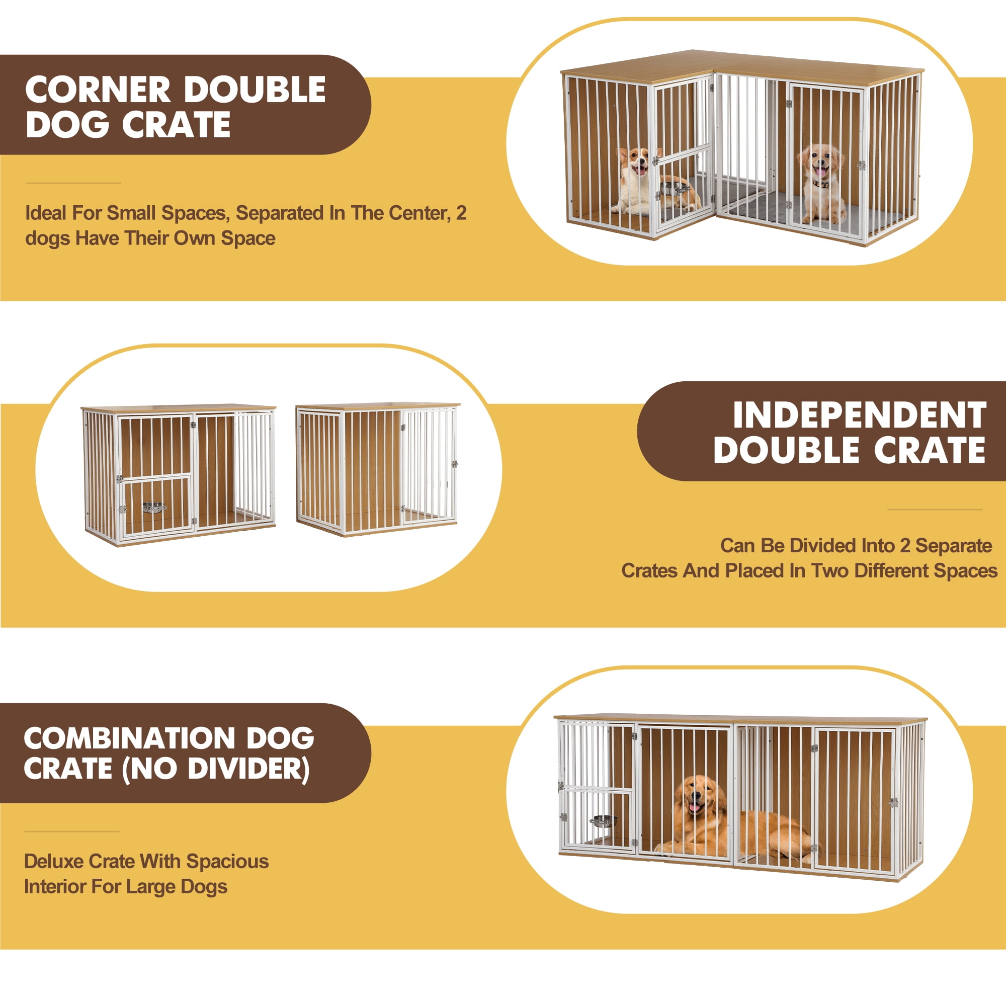 TPHORK Dog Crate Furniture for 2 Dogs, Corner Heavy Duty Double Dog Kennel Furniture with Divider, Indoor Wooden Dogs Crate Large Breed, White