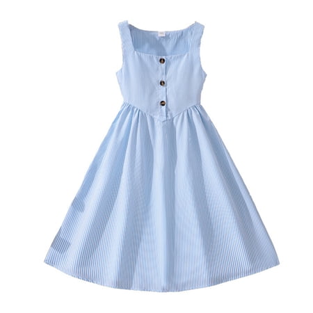 Rggeeun Toddler Kids Girls Square Neck Summer Dress Striped Casual For Teen Casual Party Dresses Adorable Sundress