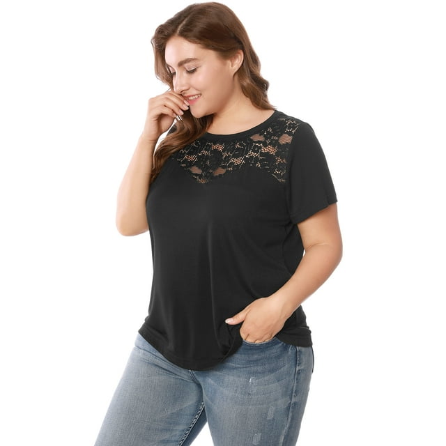 BluTop Cuello Redondo Mangas Cortas Encaje Insertado TalExtPaMujer Negro XL