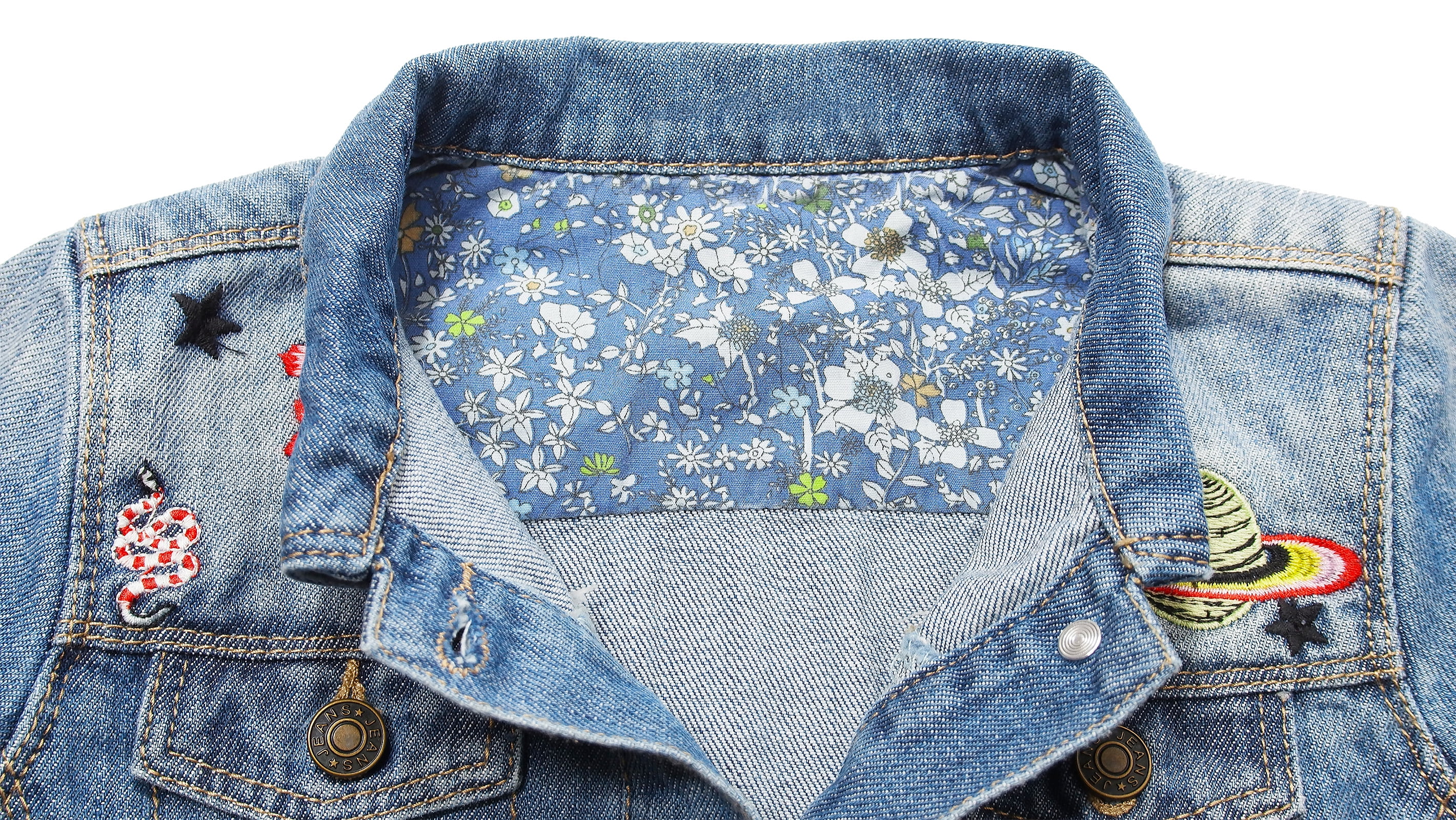 KIDSCOOL SPACE Little Girl Jean Jacket,Flower Embroidered Denim Outfits 