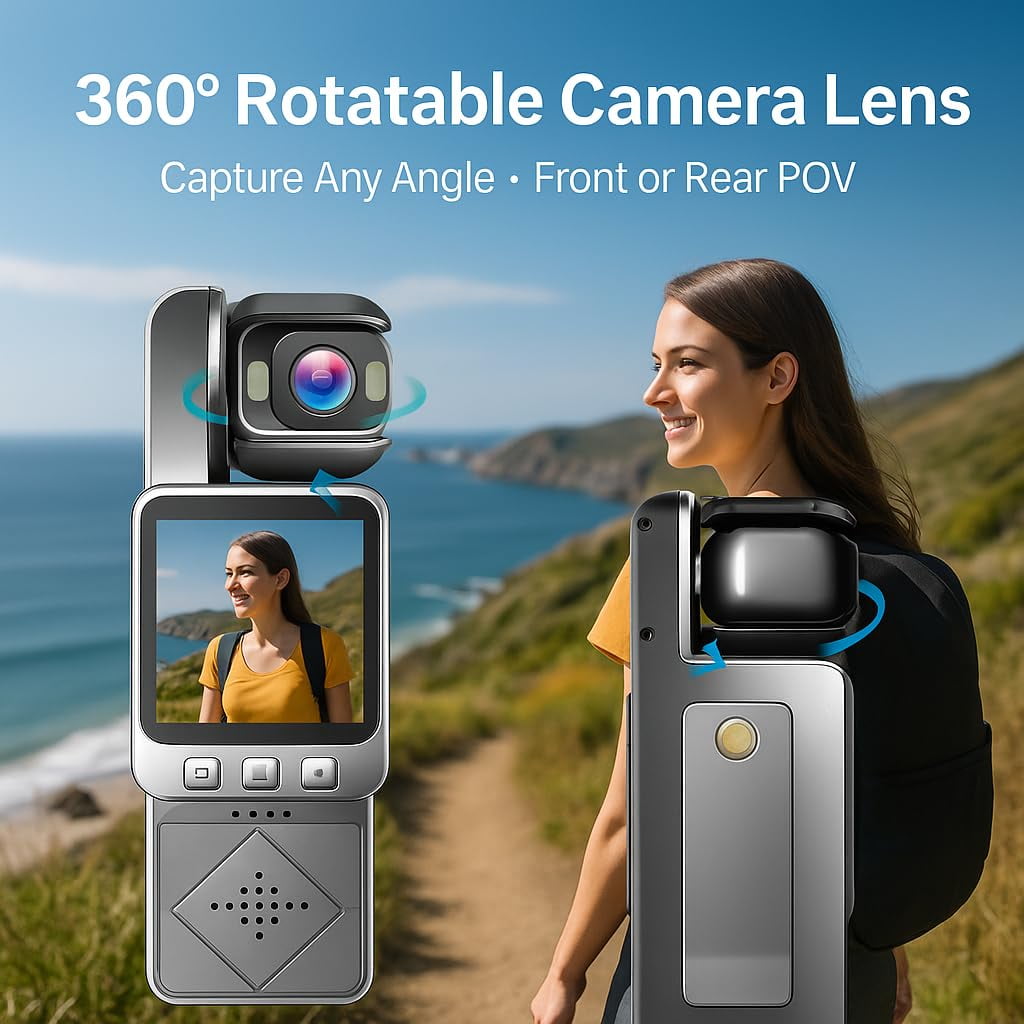 Acuvar 1080P Pocket Vlogging Camera with 3-Axis Gimbal Stabilizer, Handheld Portable Video Camera with WiFi, LCD Screen, Face Tracking, 360° Rotation & 64GB SD Card
