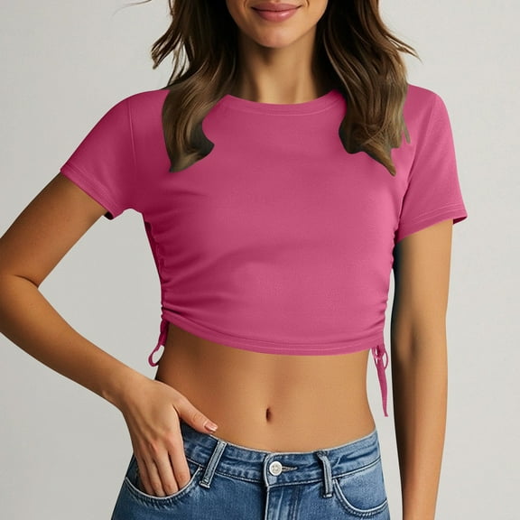 NTACZA Pink Tops for Women Trendy Summer Tight Cropped Short Sleeve Solid T-Shirts Teen Girls Shirts L