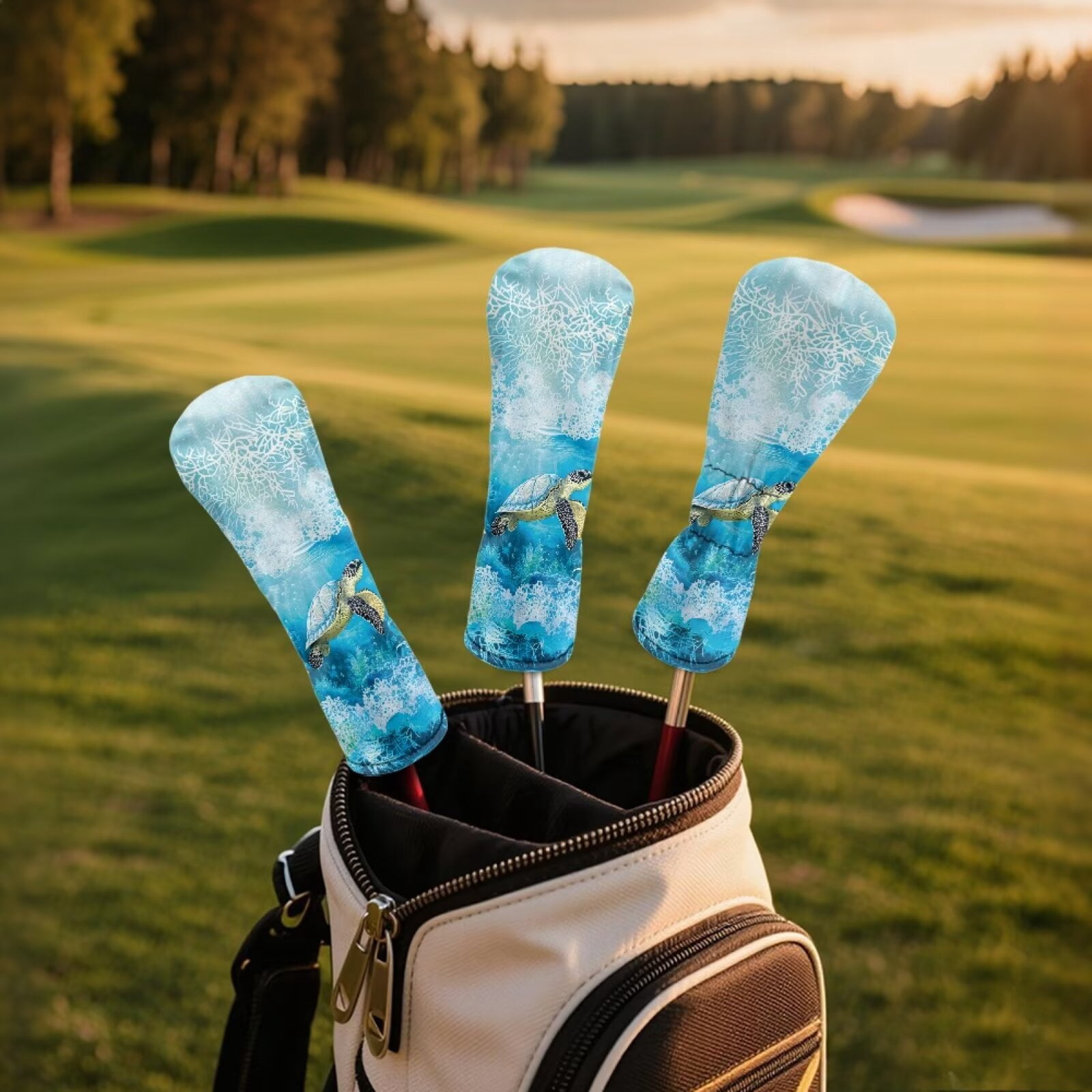 Uorisanigo Golf Club Head Covers Waterproof PU Leather Driver/Fairway/Hybrid Headcovers with Double Elastic Band for Most Brand, Boho Sea Turtle Headcovers for Club Protective