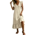 thumbnail image 2 of Bohemian Beach Linen Dress for Women Elegant Summer Boho Maxi Dresses Ruffle Vintage Sundress Holiday Flowy Loose Swing Long Dresses for Evening Night Out Beige M, 2 of 6