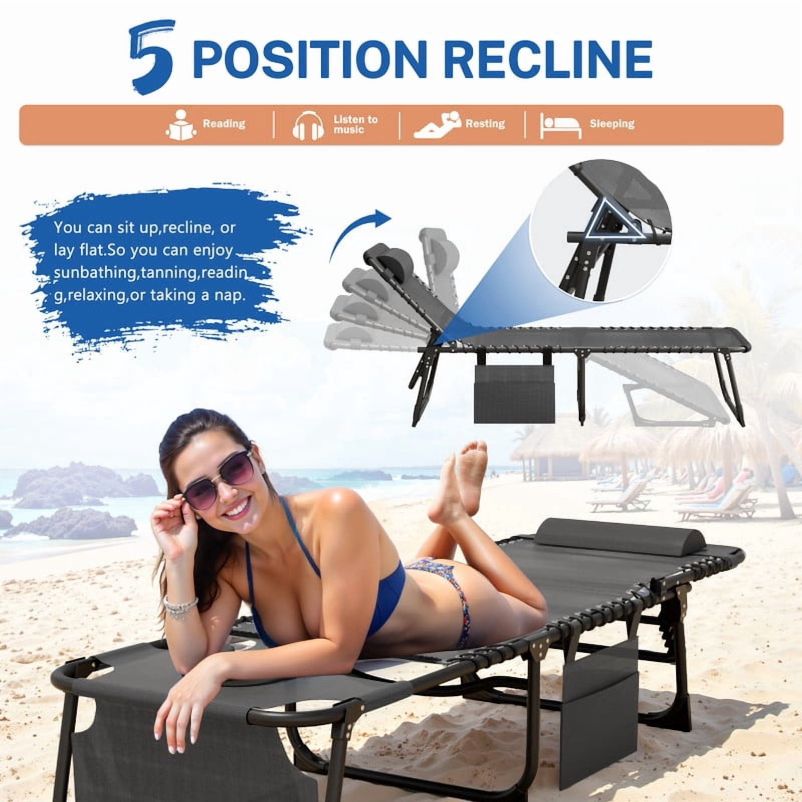 Vineego Folding Chaise Lounge Chair with Face Hole for Tanning, 5-Position Adjustable Textilene Outdoor Sunbathing Chair, Face Down Patio Pool Lounge Chair with Side Pocket & Pillow, Gray