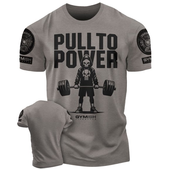 Gymish PULL TO POWER Workout T-Shirt – Funny Gym Shirt for Men, Lifting T-Shirt for Deadlift, Warm Grey with Sleeve Logo, Small
